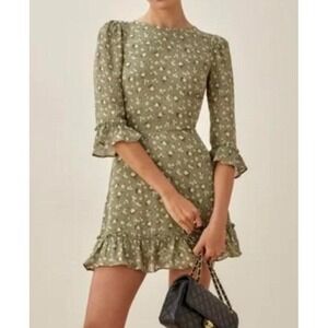 Reformation Doutzen Floral Mini Dress Chive Green Women Size 0 Ruffle 3/4 Sleeve